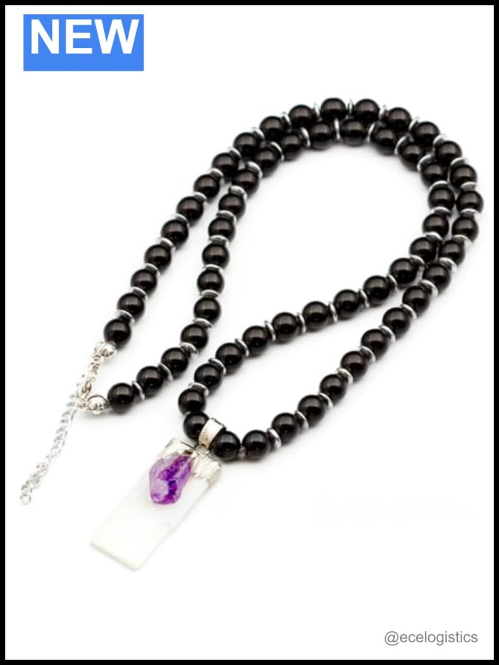Natural Raw Selenite Amethyst Crystal Pendant Necklace Black Onyx Beads